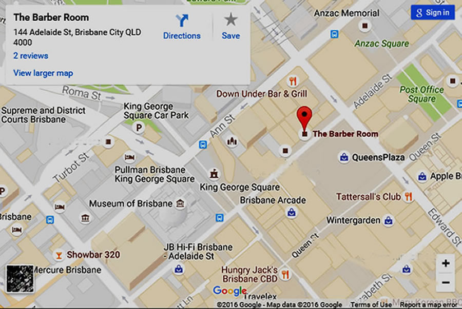 Google Map showing location of 'The Barber Room' traditional Barber shop, 144 Adelaide Street, Brisbane City CBD QLD 4000